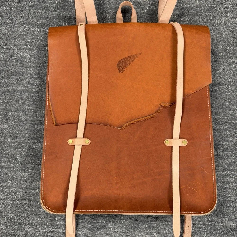 Leatherworks St Paul Leather Backpack Brown Adjustable Straps Slim Profile Wing